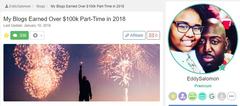 My Blogs Earned Over $100K Part-Time in 2018 blog by Eddy Salomon